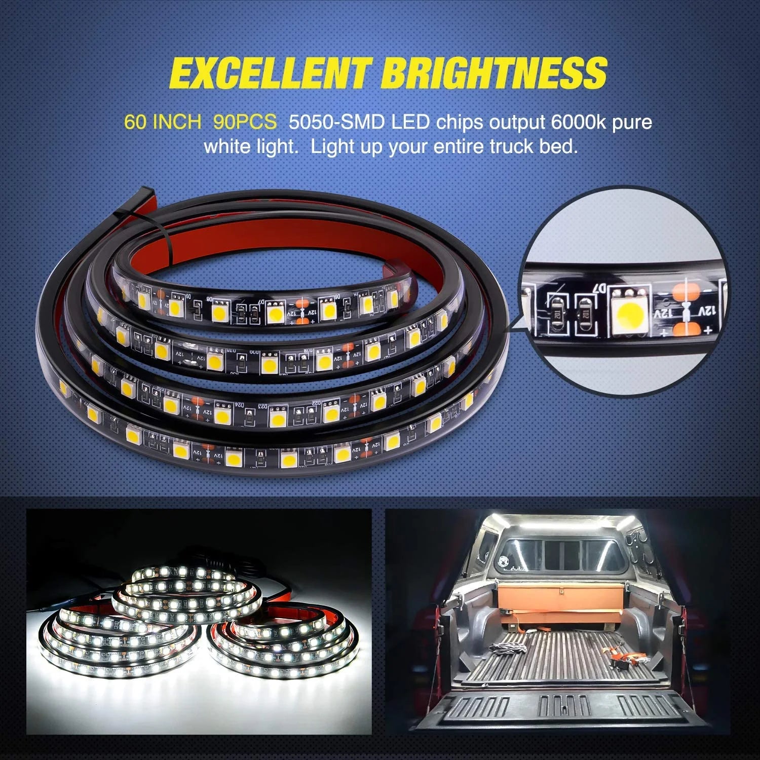 3PCS 60 Bed Light Strip 270 LED with On/Off Switch Blade Fuse Splitter Extension Cable for Cargo, Pickup Truck, SUV, RV, Boat,2 Years Warranty