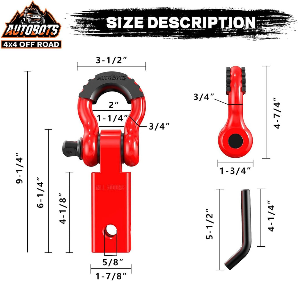 2" Tow Hitch Receiver with 45,000 lbs Break Strength, 5/8" Screw Pin and 3/4" Shackle - Off-Road Towing Accessories for Vehicle Trailer Recovery in Red