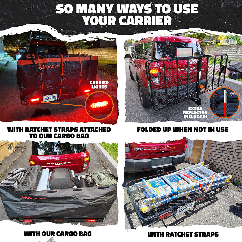 70"x30"x6" XL Hitch Carrier + Rear Lights & 40 Cu Ft Cargo Bag