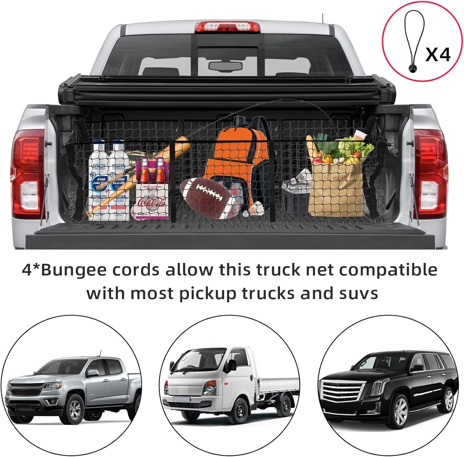 Heavy-Duty 3 Pocket Cargo Net with 4 Metal Carabiners and 4 Ball Bungee Cords for SUVs, Cars, and Pickup Trucks