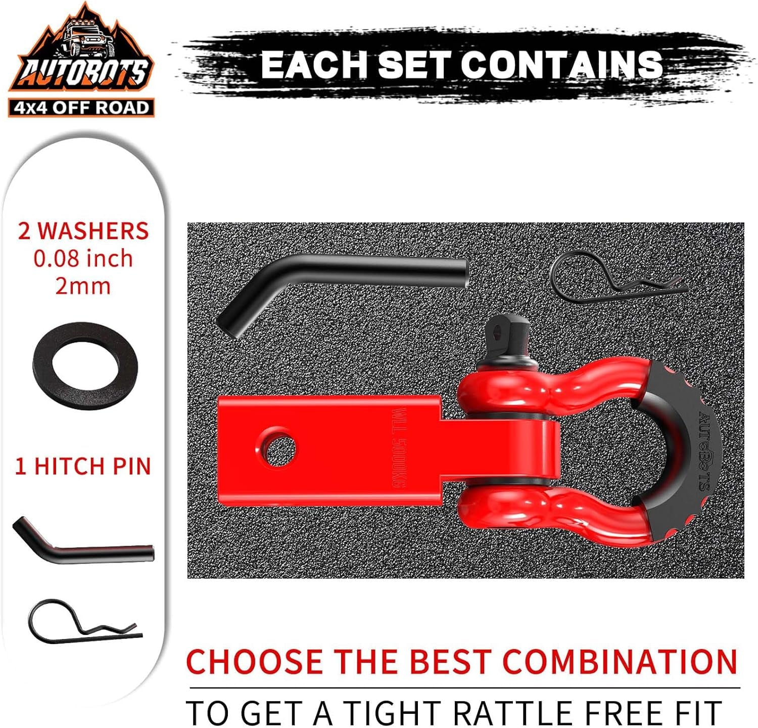 2" Tow Hitch Receiver with 45,000 lbs Break Strength, 5/8" Screw Pin and 3/4" Shackle - Off-Road Towing Accessories for Vehicle Trailer Recovery in Red