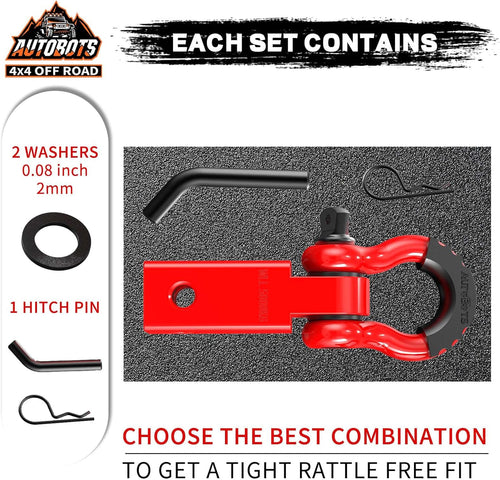 2" Tow Hitch Receiver with 45,000 lbs Break Strength, 5/8" Screw Pin and 3/4" Shackle - Off-Road Towing Accessories for Vehicle Trailer Recovery in Red