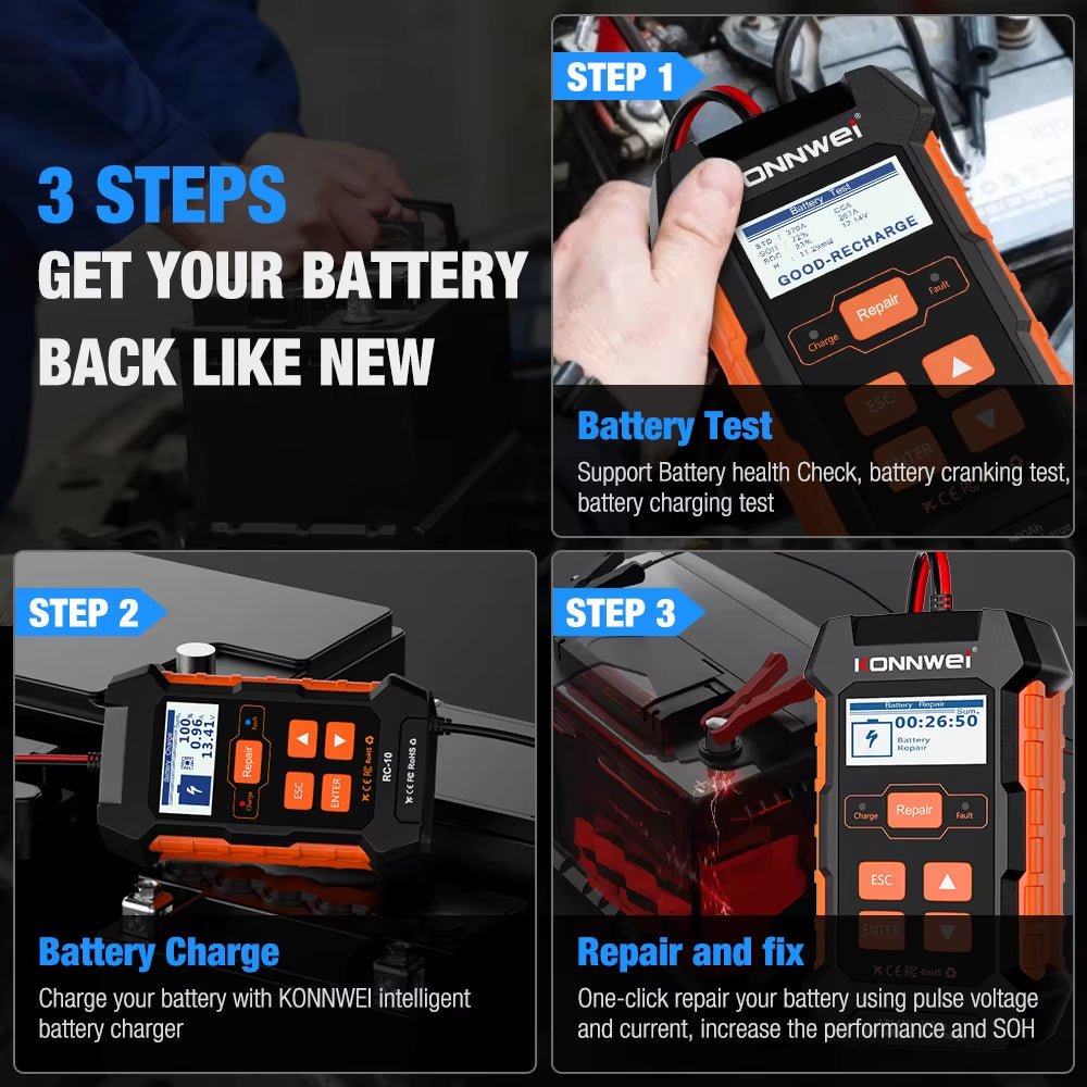 KW520 Automatic Car and Truck Battery Tester and Charger - 12V 10A & 24V 5A for Lead Acid, AGM, Gel, and Lithium Batteries with Pulse Repair Function
