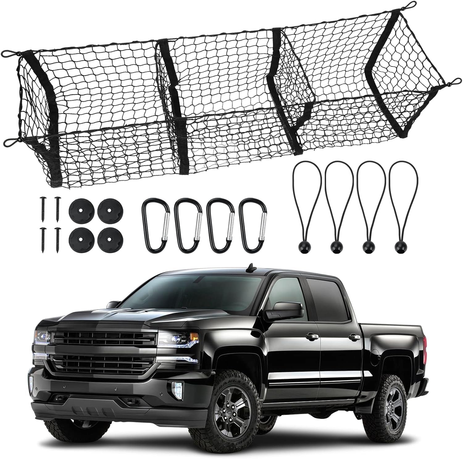 Heavy-Duty 3 Pocket Cargo Net with 4 Metal Carabiners and 4 Ball Bungee Cords for SUVs, Cars, and Pickup Trucks