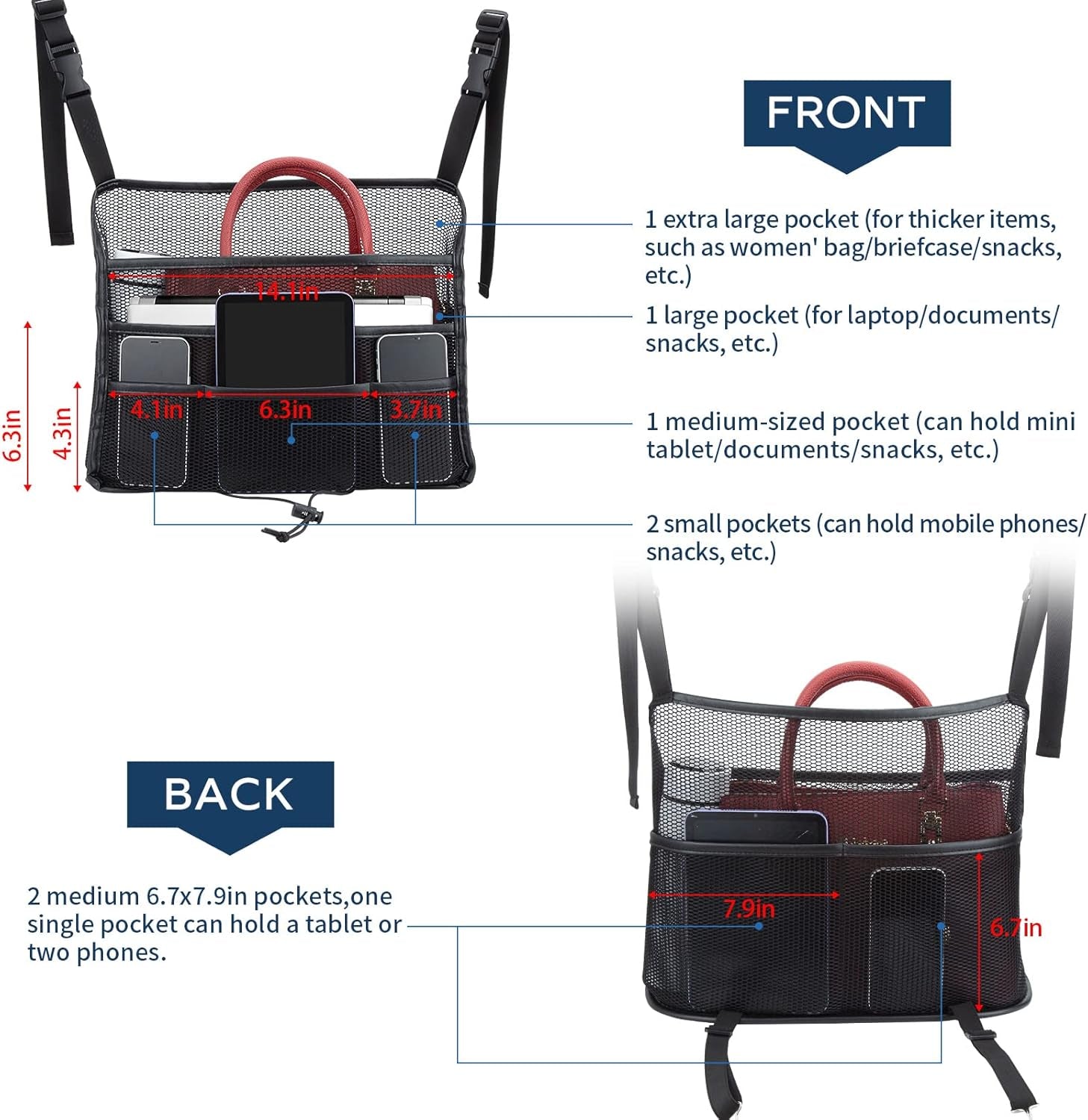 Car Seat Back Organizer - Large Capacity Storage for Purses, Handbags & Kids' Items - Black