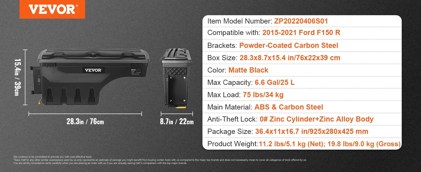 VEVOR Truck Bed Storage Box, Lockable Swing Case - Wheel Well Tool Box, Waterproof and Durable, Ford F-150 2015-2021