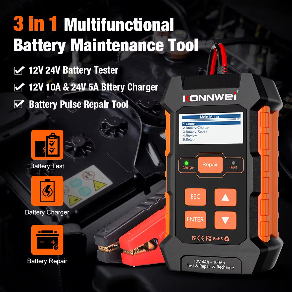 KW520 Automatic Car and Truck Battery Tester and Charger - 12V 10A & 24V 5A for Lead Acid, AGM, Gel, and Lithium Batteries with Pulse Repair Function