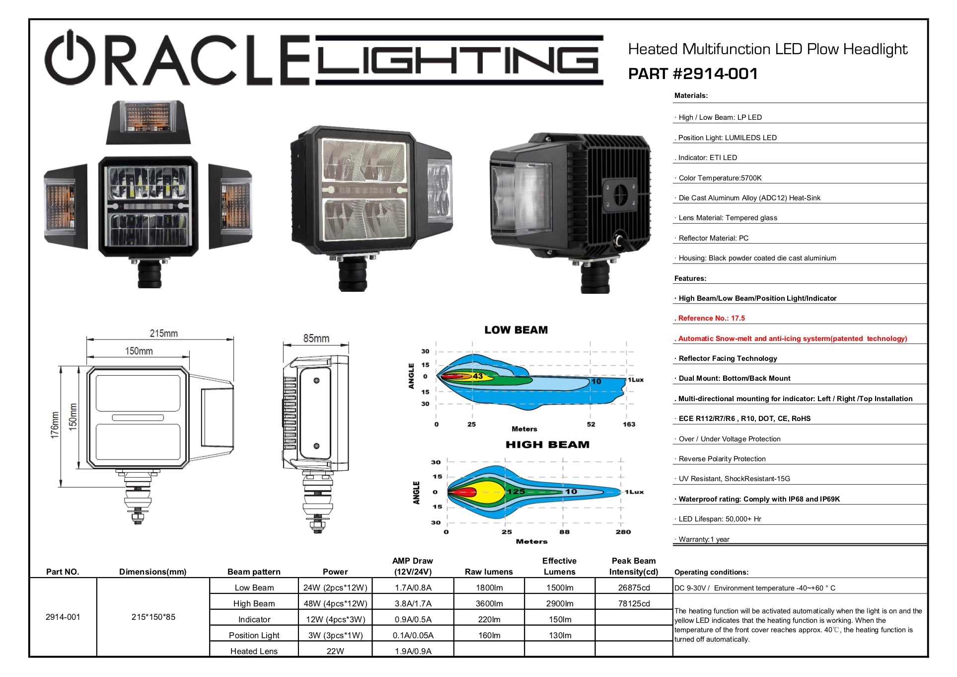 LED Plow Headlight with Heated Lens | Multifunction DOT Compliant