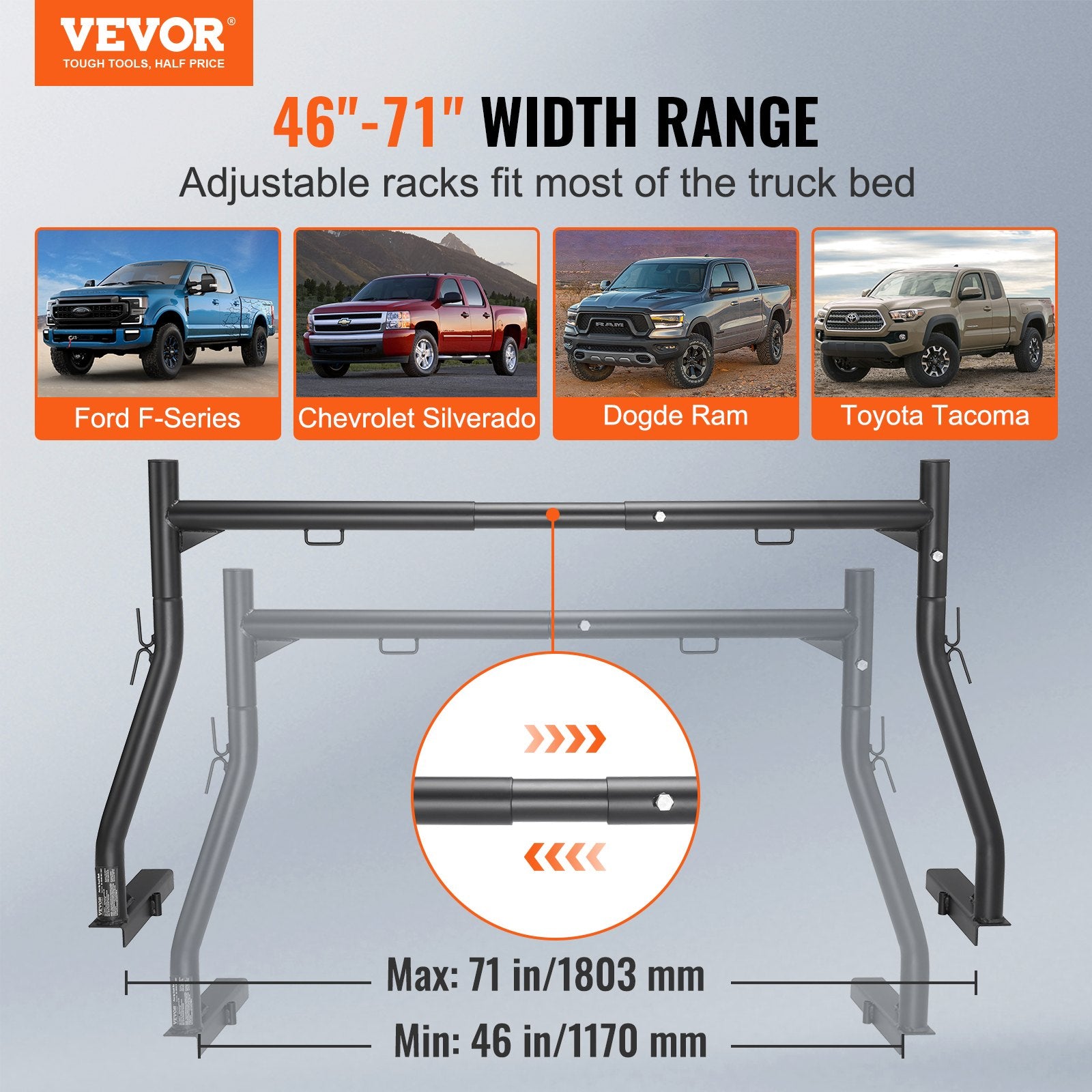 VEVOR Truck Rack, 46-71 Inch Extendable Truck Ladder Rack