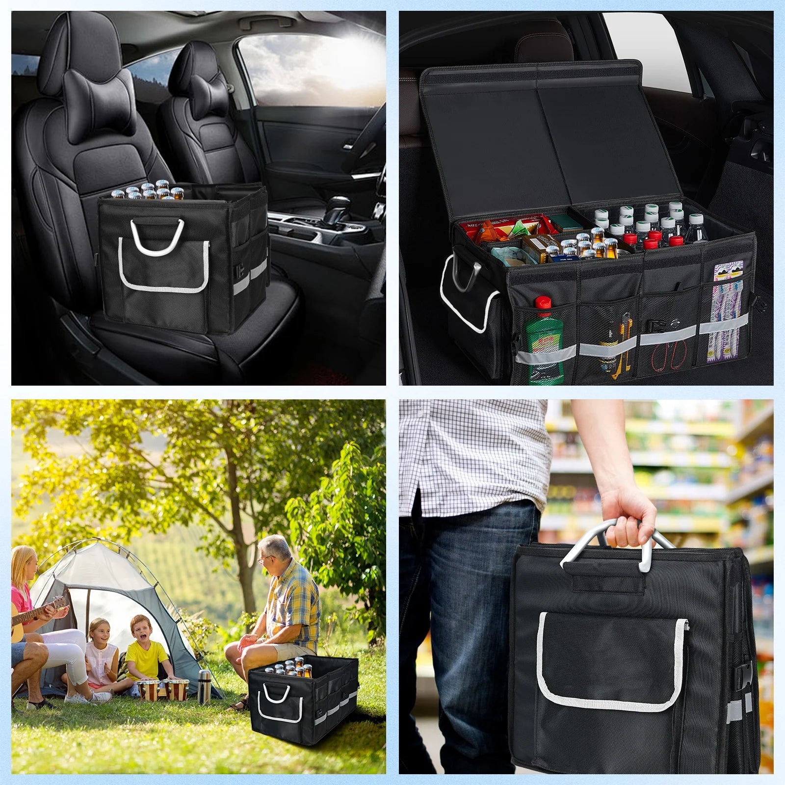 Collapsible SUV Trunk Organizer with Multi-Compartment Design, Waterproof Storage Solution, Foldable Lid, Aluminium Handle, and Non-Slip Base (Black)
