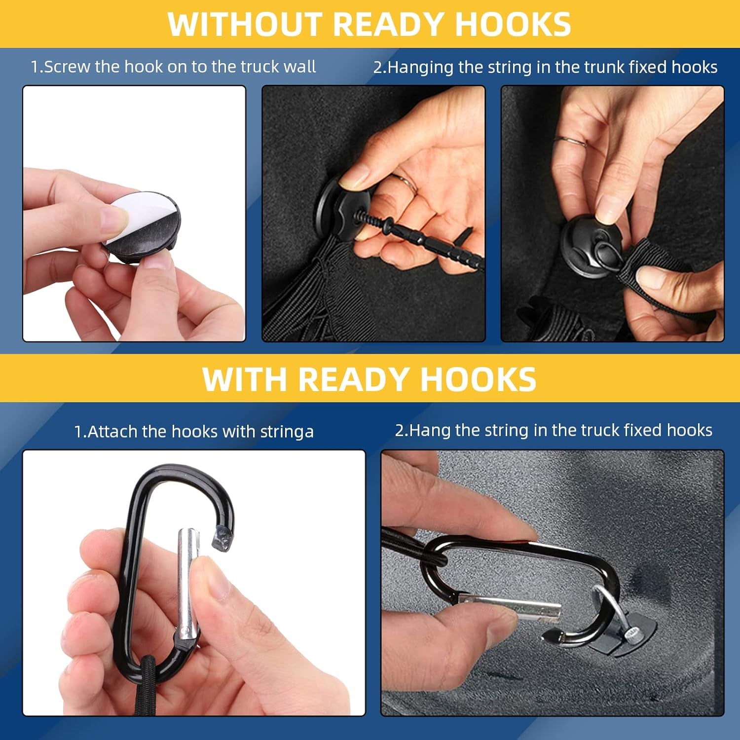 Heavy-Duty 3 Pocket Cargo Net with 4 Metal Carabiners and 4 Ball Bungee Cords for SUVs, Cars, and Pickup Trucks