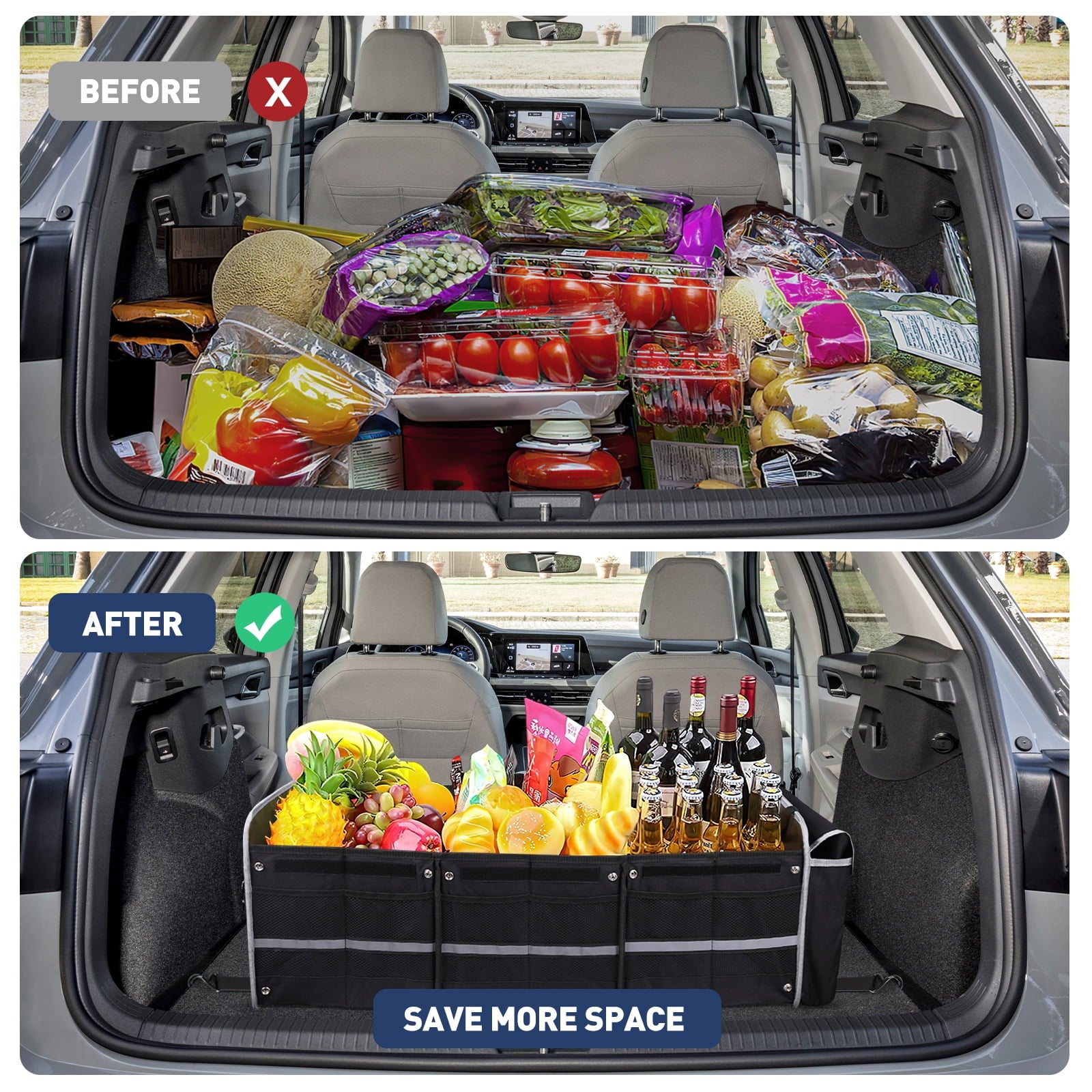 Collapsible Multi-Compartment Trunk Organizer with Insulated Leakproof Bag and Adjustable Straps for SUVs, Trucks, and Vans