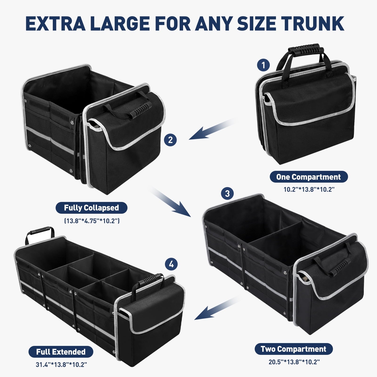 Collapsible Multi-Compartment Trunk Organizer with Insulated Leakproof Bag and Adjustable Straps for SUVs, Trucks, and Vans