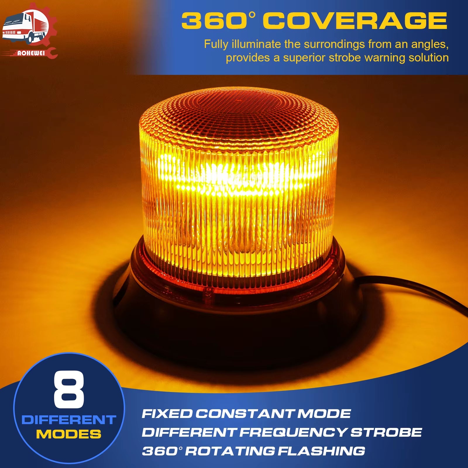 LED Rotating Flash Beacon - Emergency Safety Warning Lights with 8 Modes for Tractors and Trucks