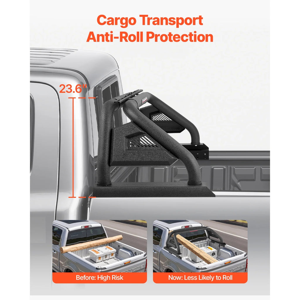 Roll Bar for Truck Bed, Adjustable Sport Bar for Universal Mid-Size Pickup, Constructed from Carbon Steel with LED Brake Light, Rack Not Included