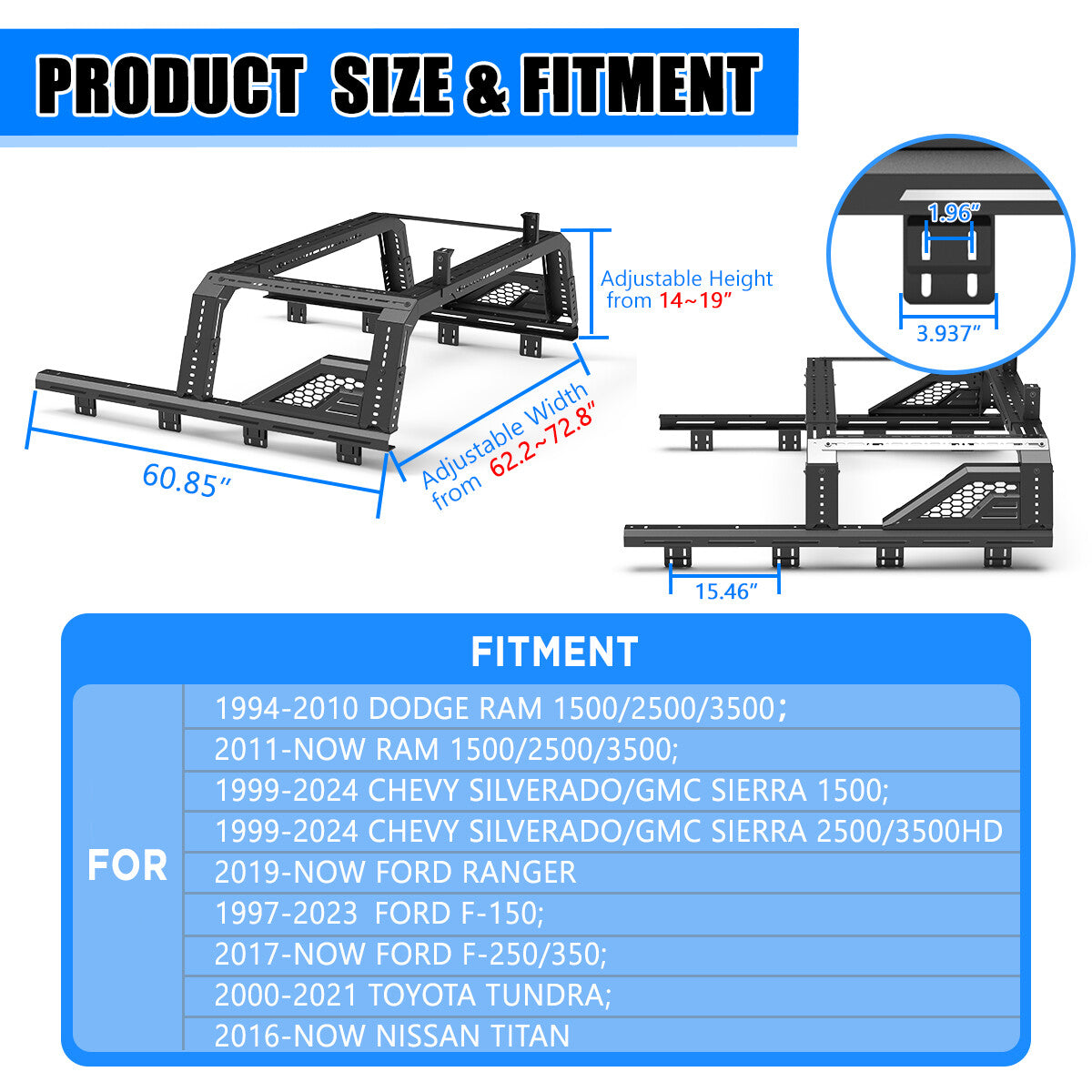 Modular Adjustable Overland Bed Rack Roll Bar for Chevy Ford Toyota Dodge Nissan