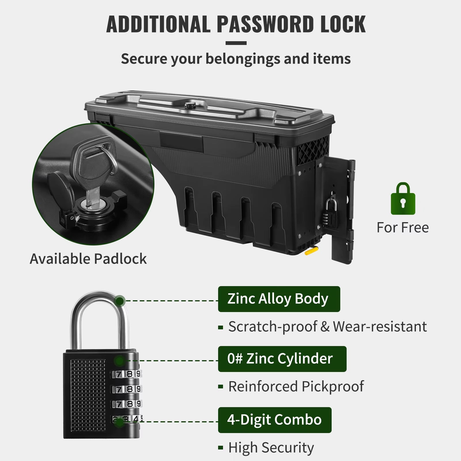 Dodge Ram- Storage Box Passenger Side, Lockable Lid Waterproof, Wheel Well with Password Padlock Toolbox for Trucks