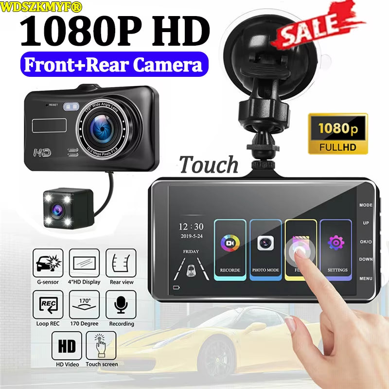 Dash Cam Dual Lens 1080P HD for Cars 4" Touch Screen Car DVR Video Recorder Front and Rear View Camera for Vehicle Black Box