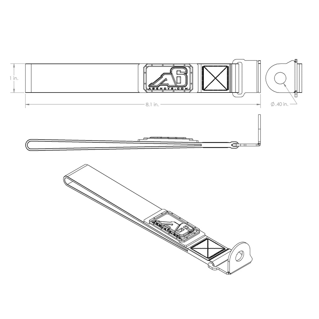 Technical drawing of a belt with measurements and brand logo on a white background