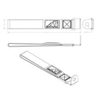 Technical drawing of a belt with measurements and brand logo on a white background