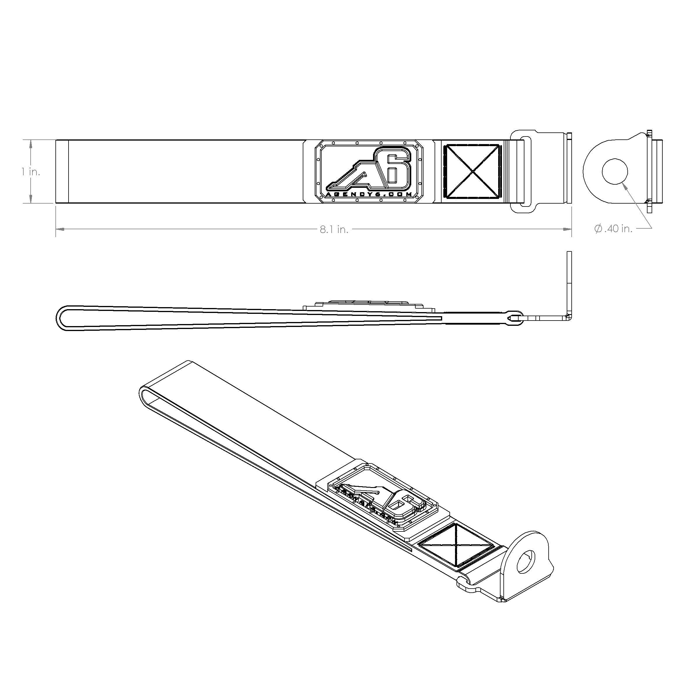 Technical drawing of a belt with measurements and brand logo on a white background