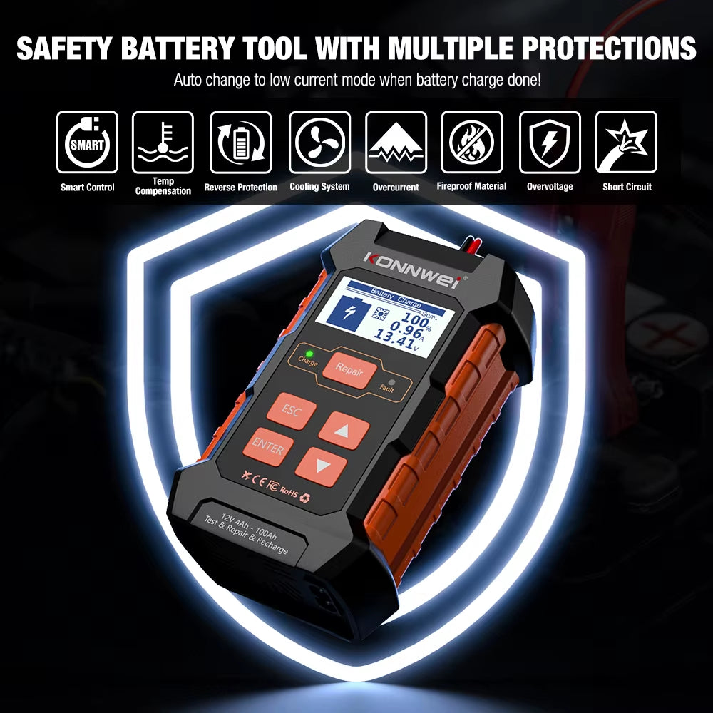 KW520 Automatic Car and Truck Battery Tester and Charger - 12V 10A & 24V 5A for Lead Acid, AGM, Gel, and Lithium Batteries with Pulse Repair Function