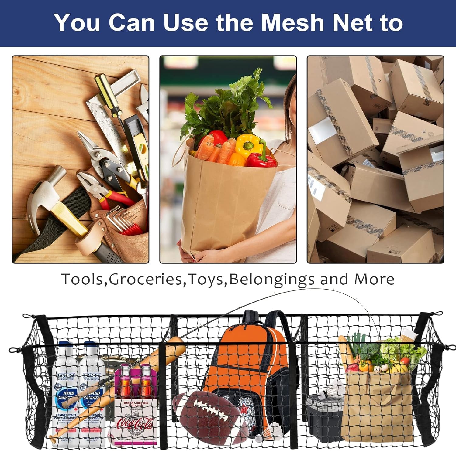 Heavy-Duty 3 Pocket Cargo Net with 4 Metal Carabiners and 4 Ball Bungee Cords for SUVs, Cars, and Pickup Trucks