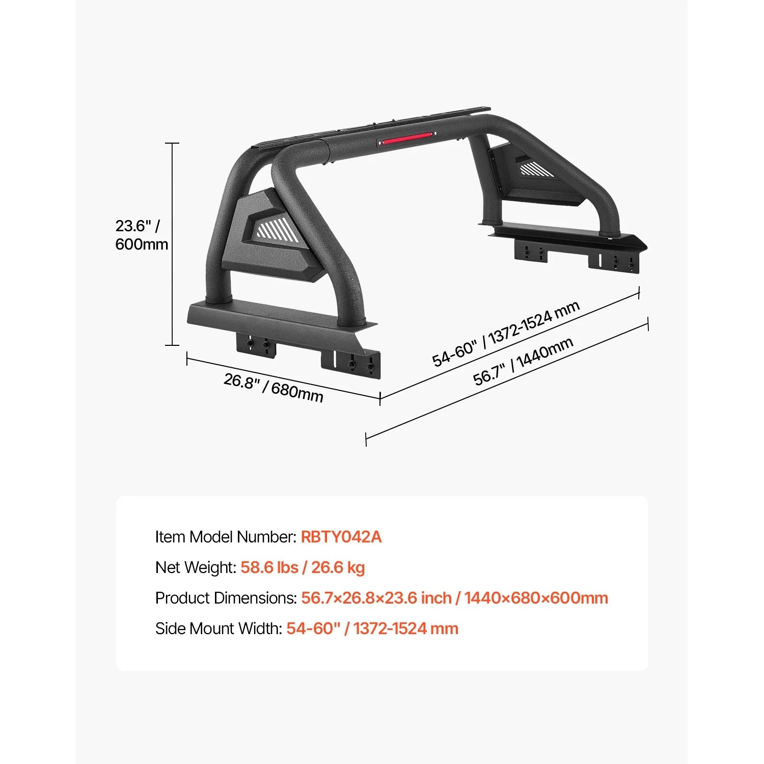 Roll Bar for Truck Bed, Adjustable Sport Bar for Universal Mid-Size Pickup, Constructed from Carbon Steel with LED Brake Light, Rack Not Included