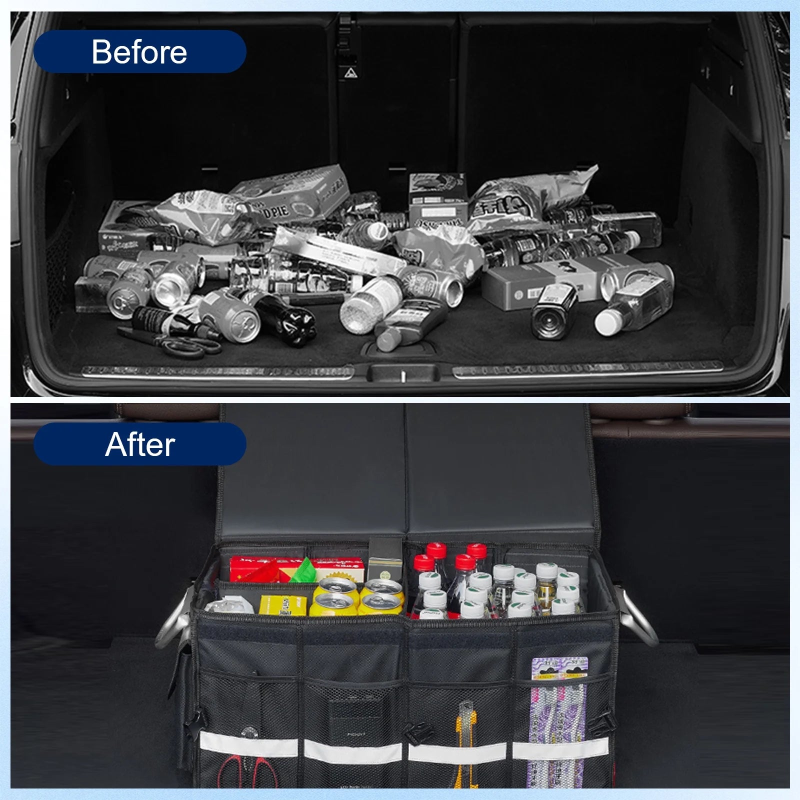 Collapsible SUV Trunk Organizer with Multi-Compartment Design, Waterproof Storage Solution, Foldable Lid, Aluminium Handle, and Non-Slip Base (Black)