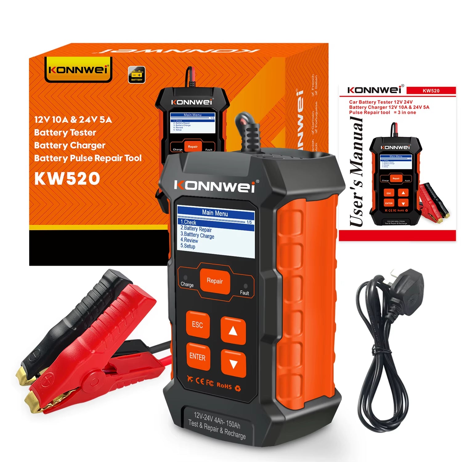 KW520 Automatic Car and Truck Battery Tester and Charger - 12V 10A & 24V 5A for Lead Acid, AGM, Gel, and Lithium Batteries with Pulse Repair Function