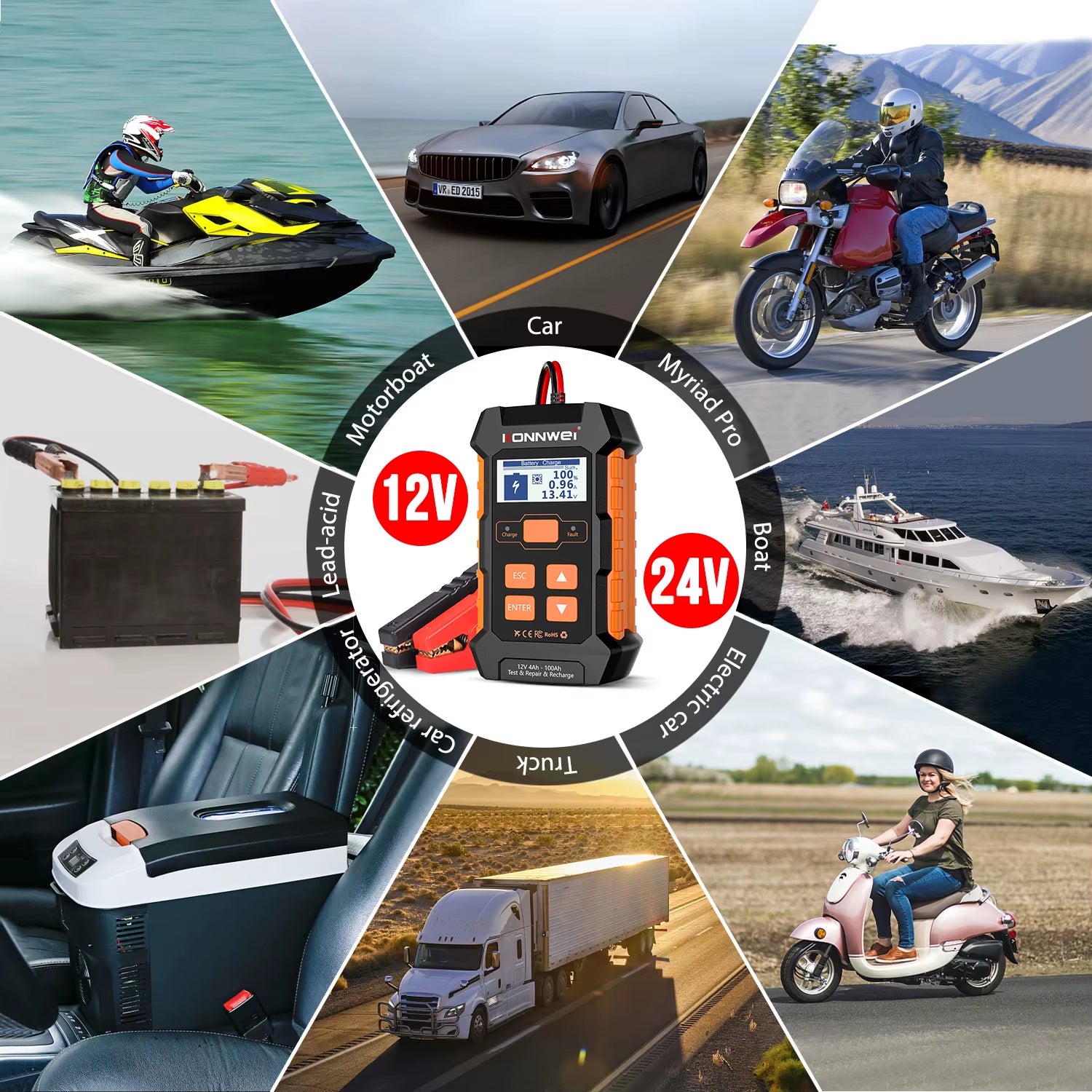 KW520 Automatic Car and Truck Battery Tester and Charger - 12V 10A & 24V 5A for Lead Acid, AGM, Gel, and Lithium Batteries with Pulse Repair Function