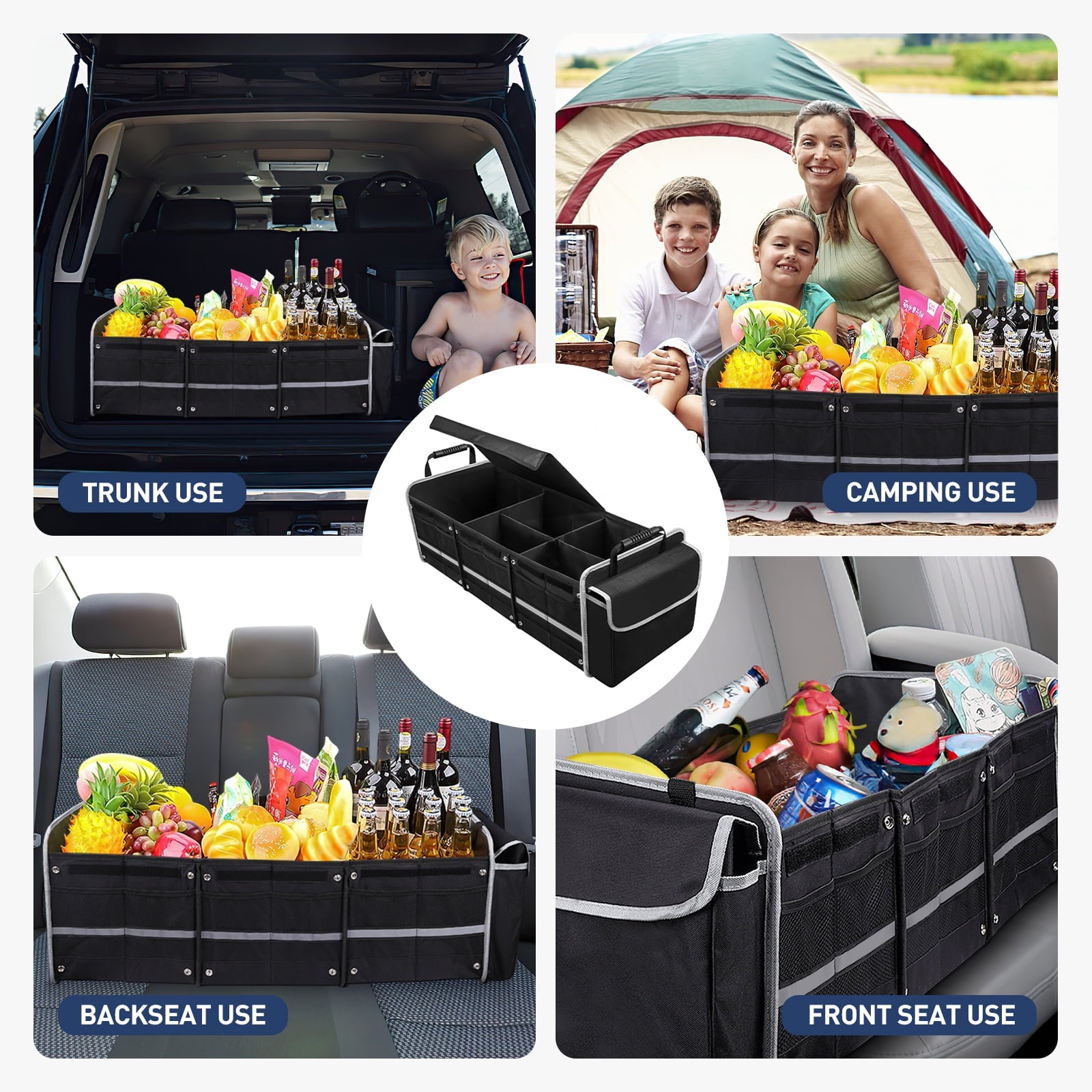 Collapsible Multi-Compartment Trunk Organizer with Insulated Leakproof Bag and Adjustable Straps for SUVs, Trucks, and Vans