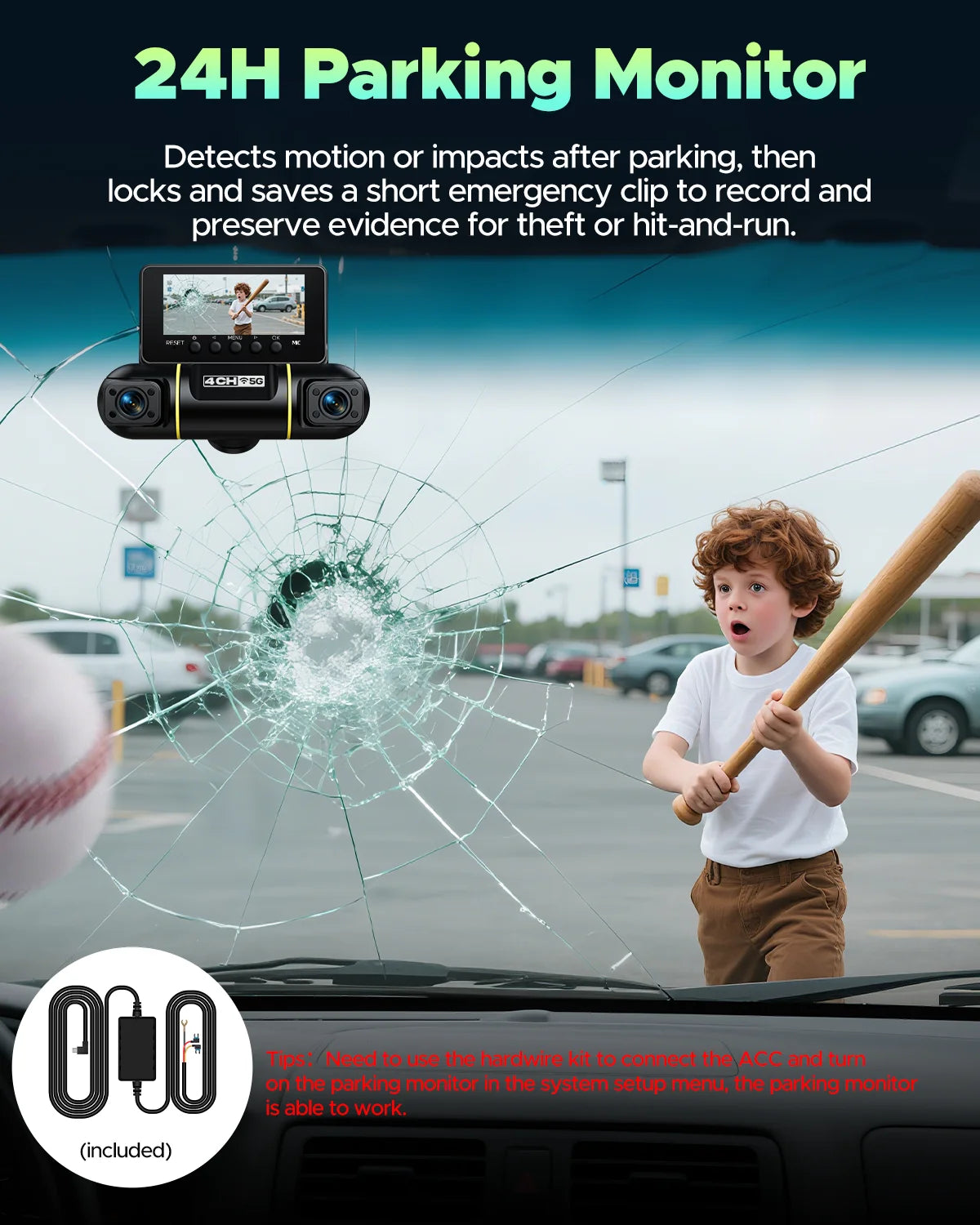 4 Channel Dash Cam Front and Rear - 24H Security Parking Monitor, 1080P FHD 360 Degree View