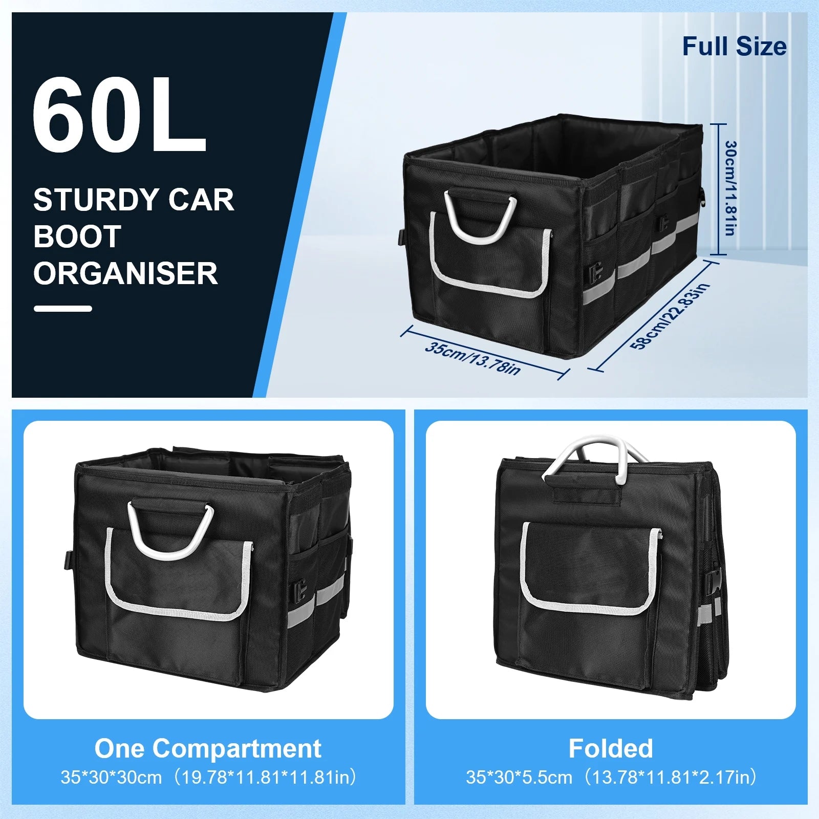 Collapsible SUV Trunk Organizer with Multi-Compartment Design, Waterproof Storage Solution, Foldable Lid, Aluminium Handle, and Non-Slip Base (Black)