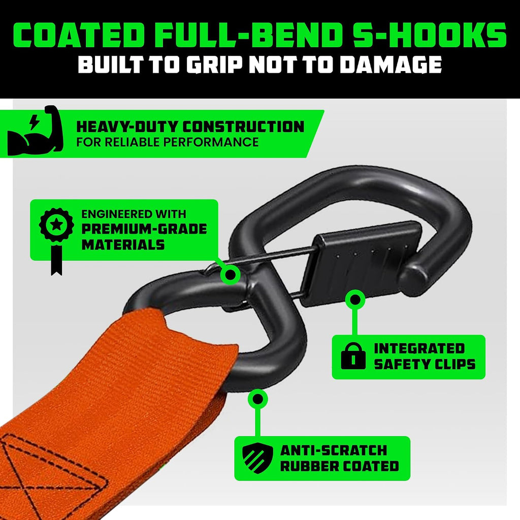 Rhino USA 1-Inch x 10-Foot Retractable Ratchet Straps (Set of 4) - Orange