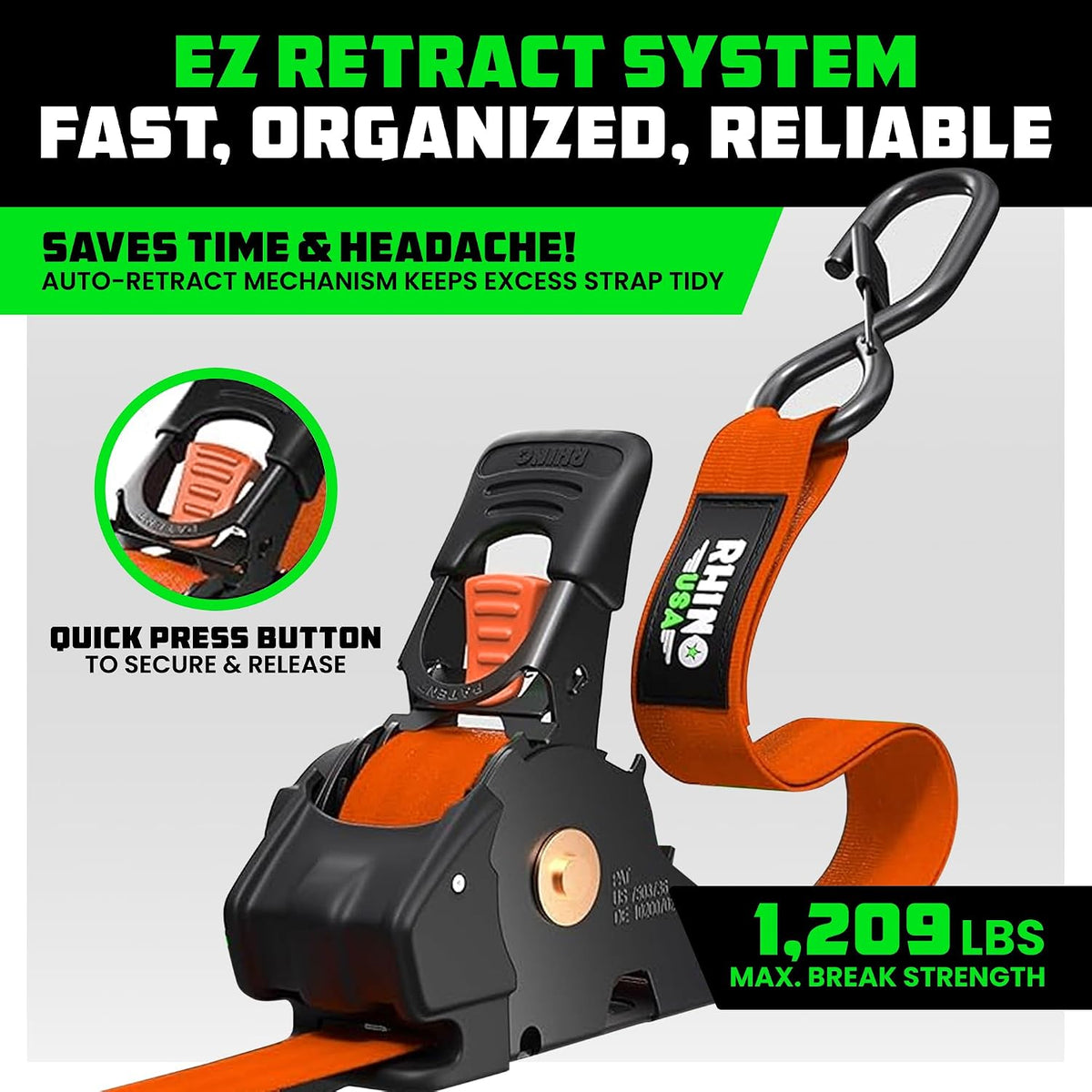 Rhino USA 1-Inch x 10-Foot Retractable Ratchet Straps (Set of 4) - Orange