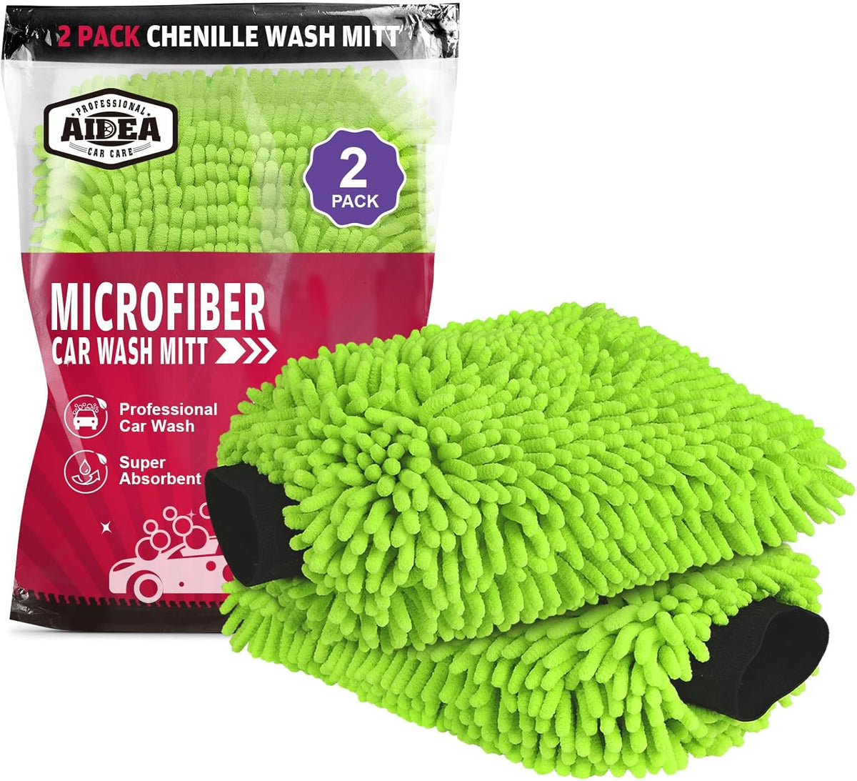 Microfiber Car Wash Mitt - 2 Pack, Green, 7.12'' x 10.14