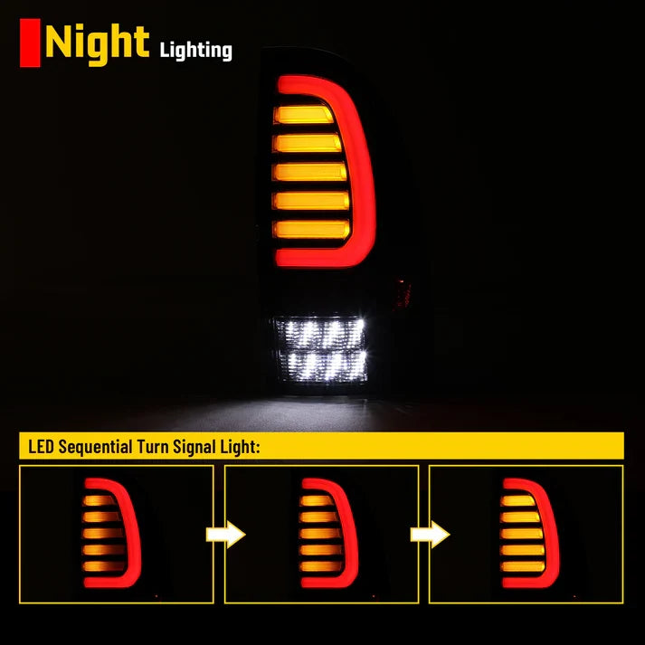 Winjet 2005-2015 Toyota Tacoma LED Sequential Tail Light w/Yellow Turn Signal - Glossy Black / Clear