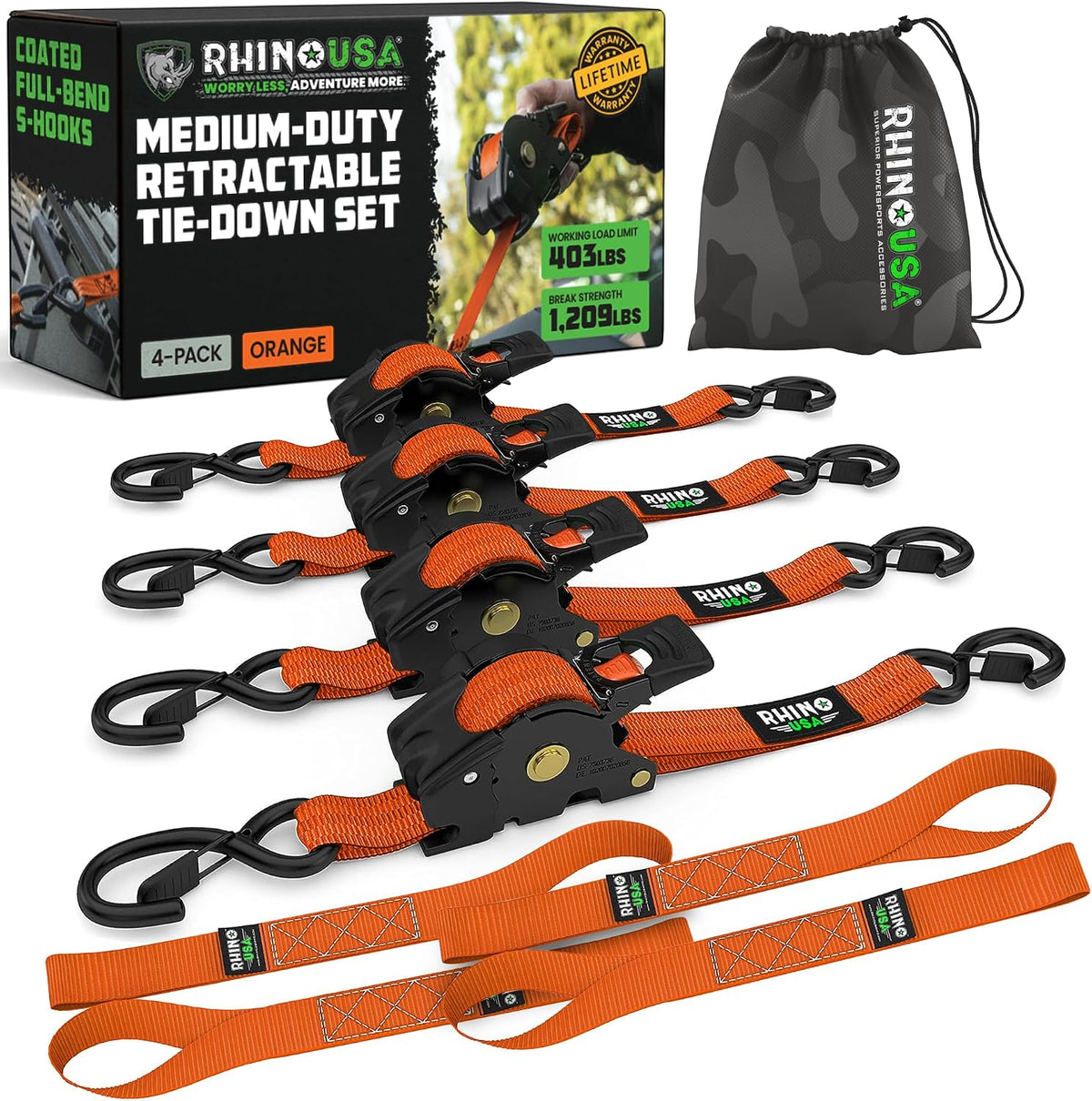Rhino USA 1-Inch x 10-Foot Retractable Ratchet Straps (Set of 4) - Orange