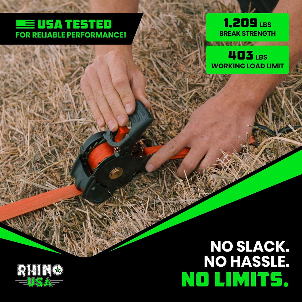 Rhino USA 1-Inch x 10-Foot Retractable Ratchet Straps (Set of 4) - Orange