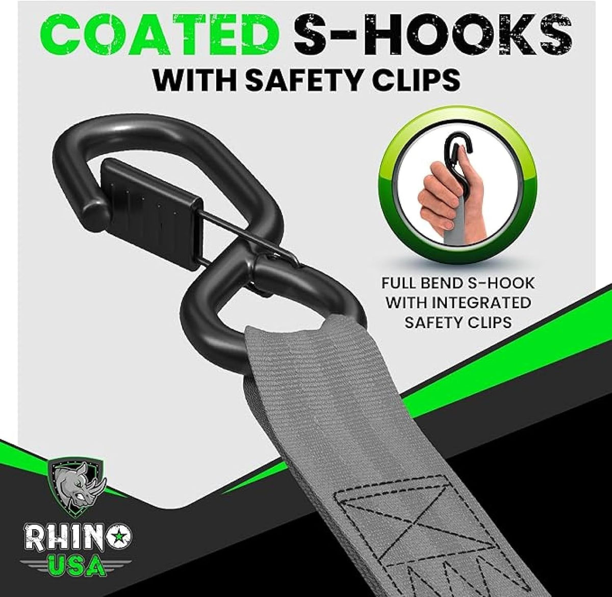 Rhino USA 1" x 10' Premium Retractable Ratchet Straps - Gray (Set of 4) for Ultimate Cargo Security