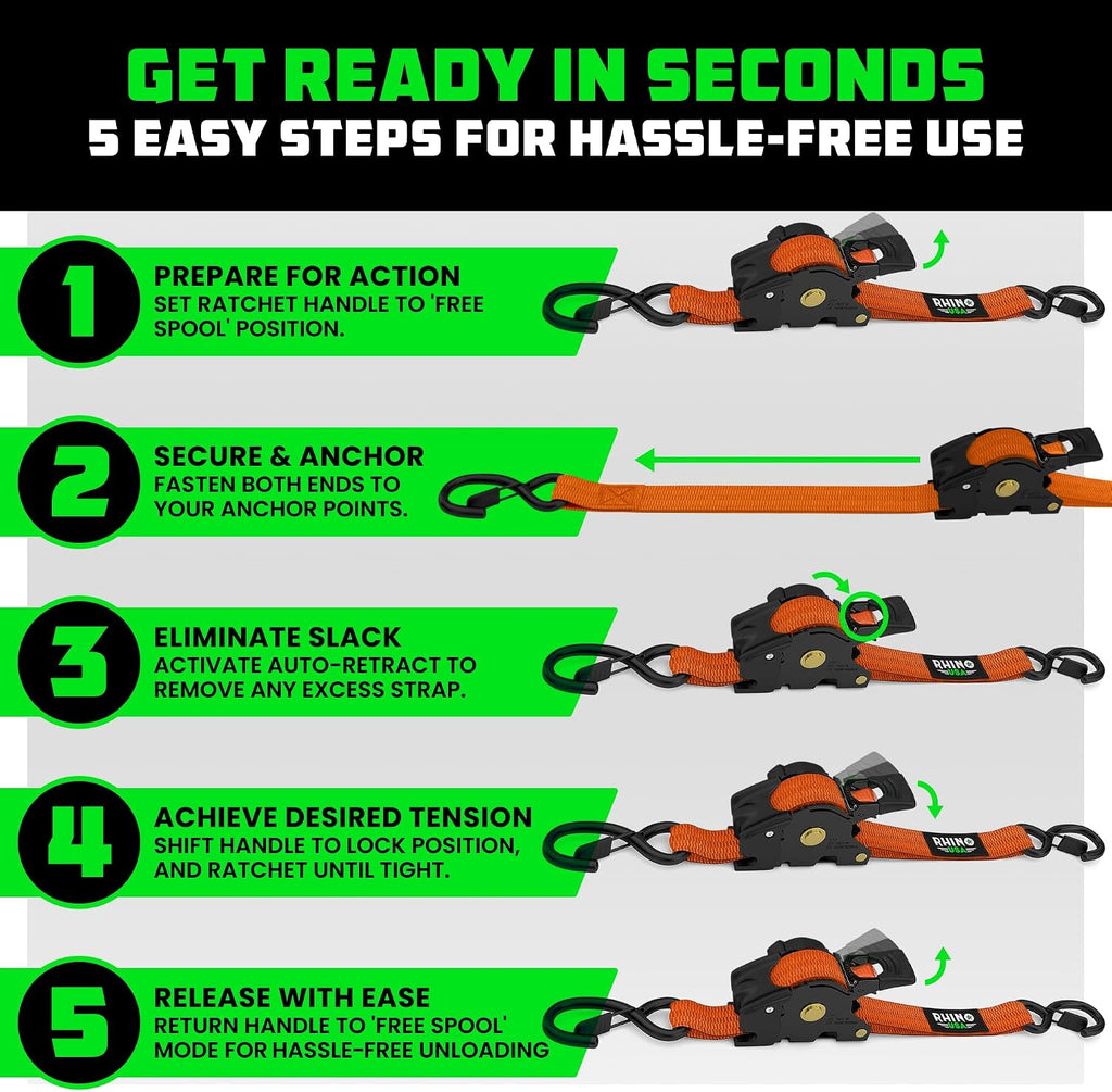 Rhino USA 1-Inch x 10-Foot Retractable Ratchet Straps (Set of 4) - Orange