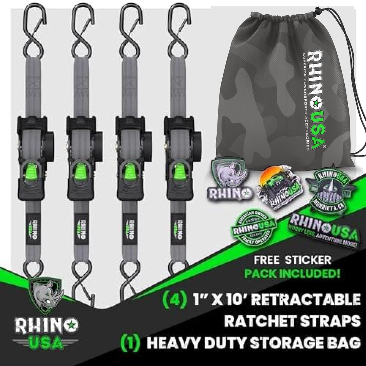 Rhino USA 1" x 10' Premium Retractable Ratchet Straps - Gray (Set of 4) for Ultimate Cargo Security