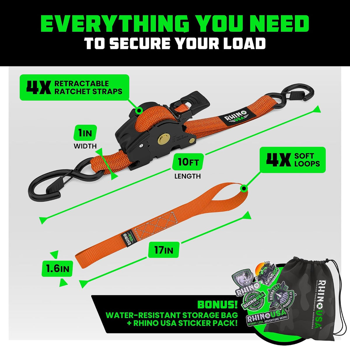 Rhino USA 1-Inch x 10-Foot Retractable Ratchet Straps (Set of 4) - Orange