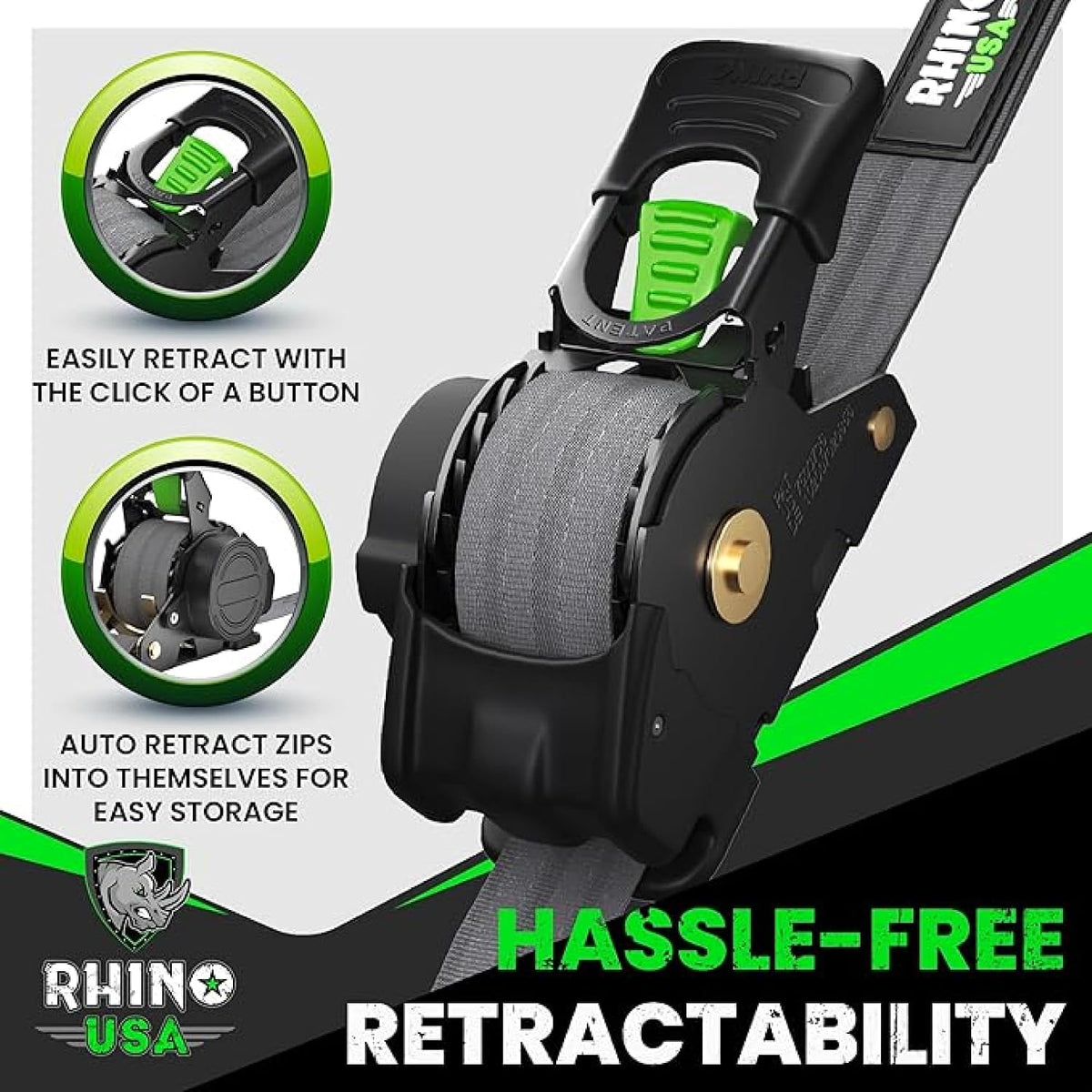 Rhino USA 1" x 10' Premium Retractable Ratchet Straps - Gray (Set of 4) for Ultimate Cargo Security