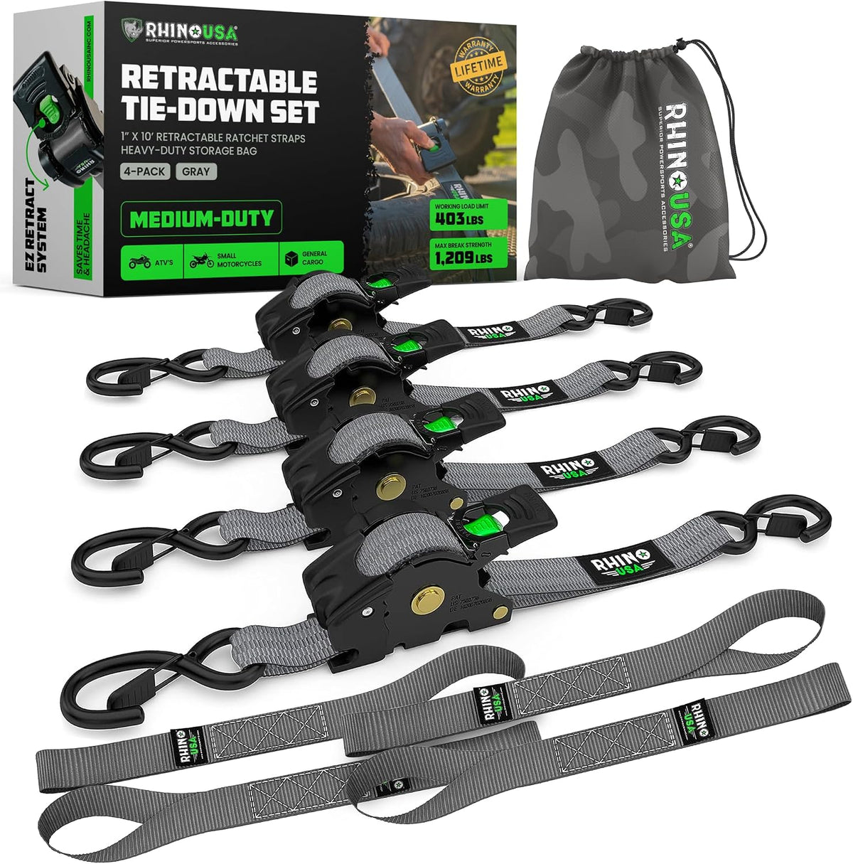 Rhino USA 1" x 10' Premium Retractable Ratchet Straps - Gray (Set of 4) for Ultimate Cargo Security