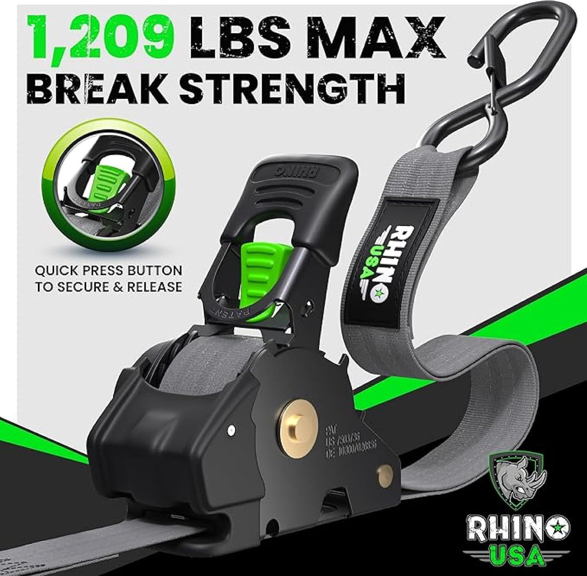 Rhino USA 1" x 10' Premium Retractable Ratchet Straps - Gray (Set of 4) for Ultimate Cargo Security