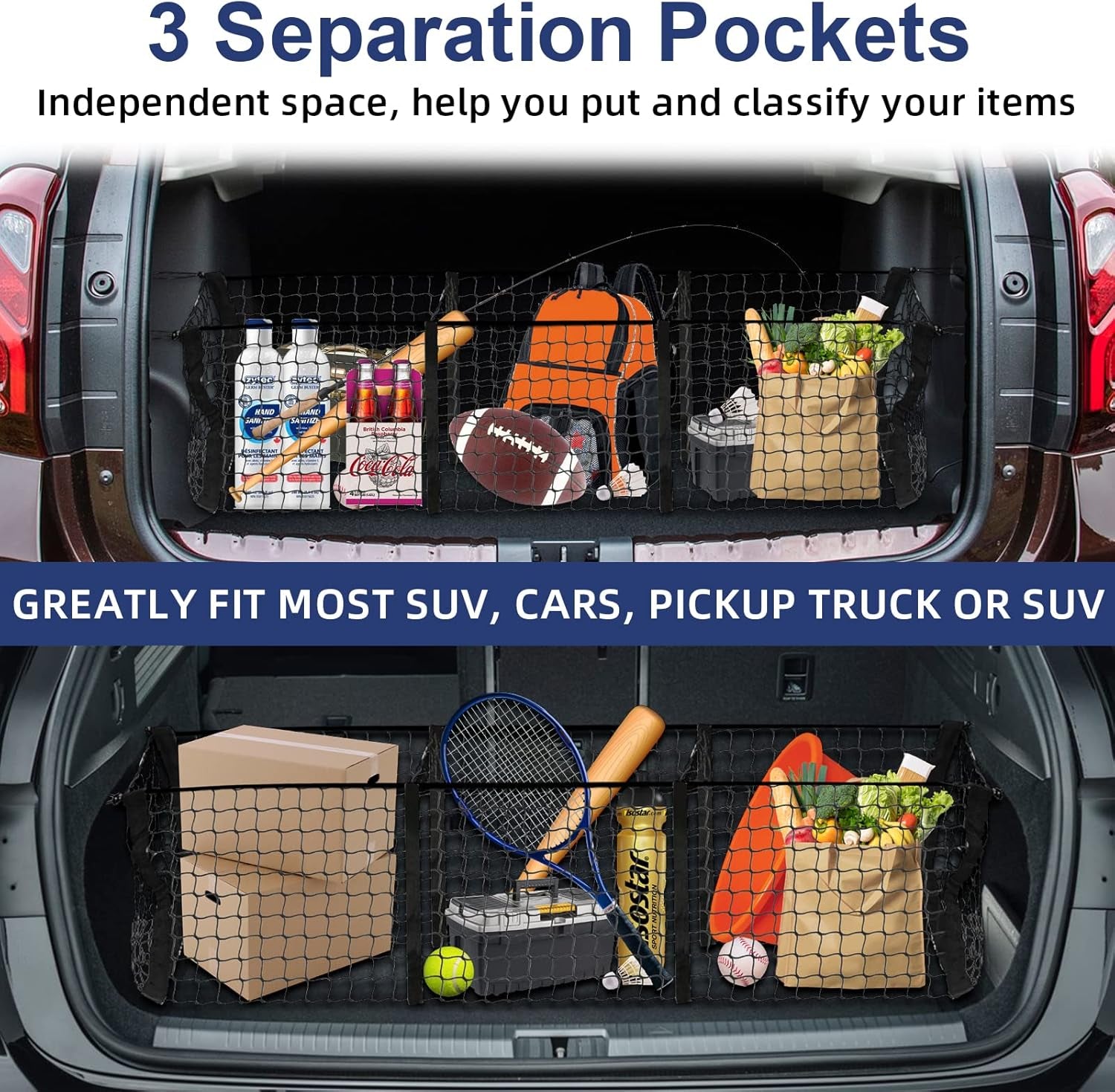 Heavy-Duty 3 Pocket Cargo Net with 4 Metal Carabiners and 4 Ball Bungee Cords for SUVs, Cars, and Pickup Trucks