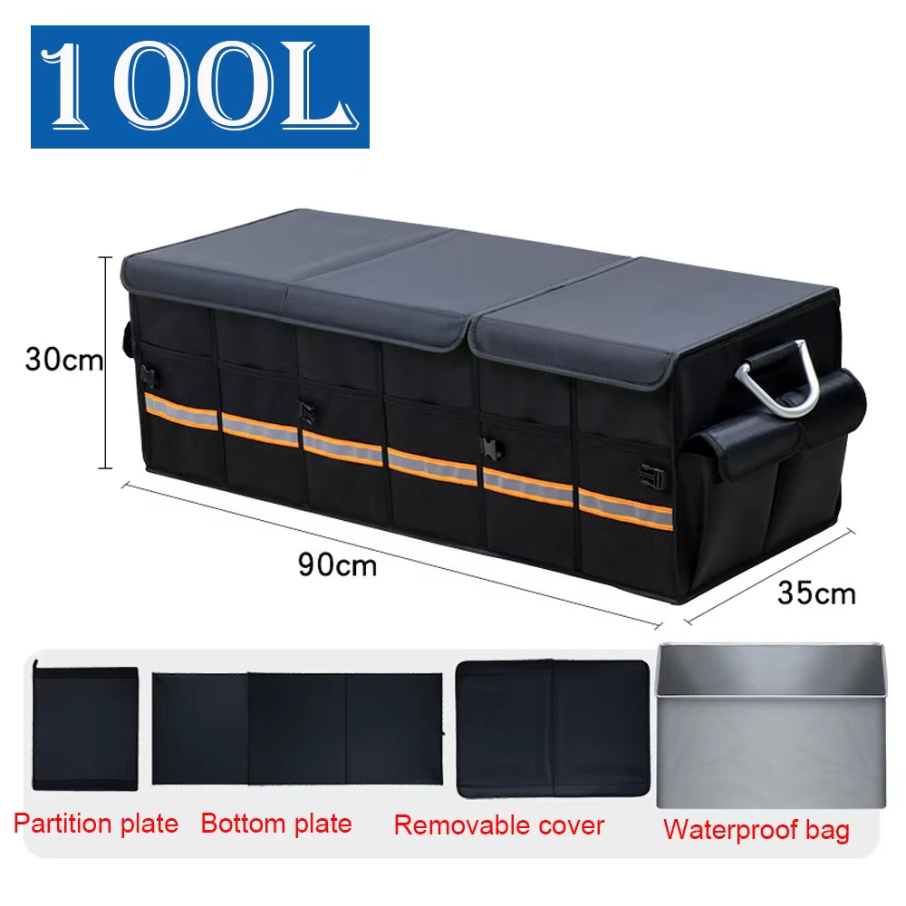 100L 66L Car Trunk Organizer Foldable Heavy Duty Durable Sturdy Collapsible Reflective Strip Storage Box for Sedan SUV Truck