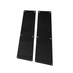 Two black metal plates with screws on a white background